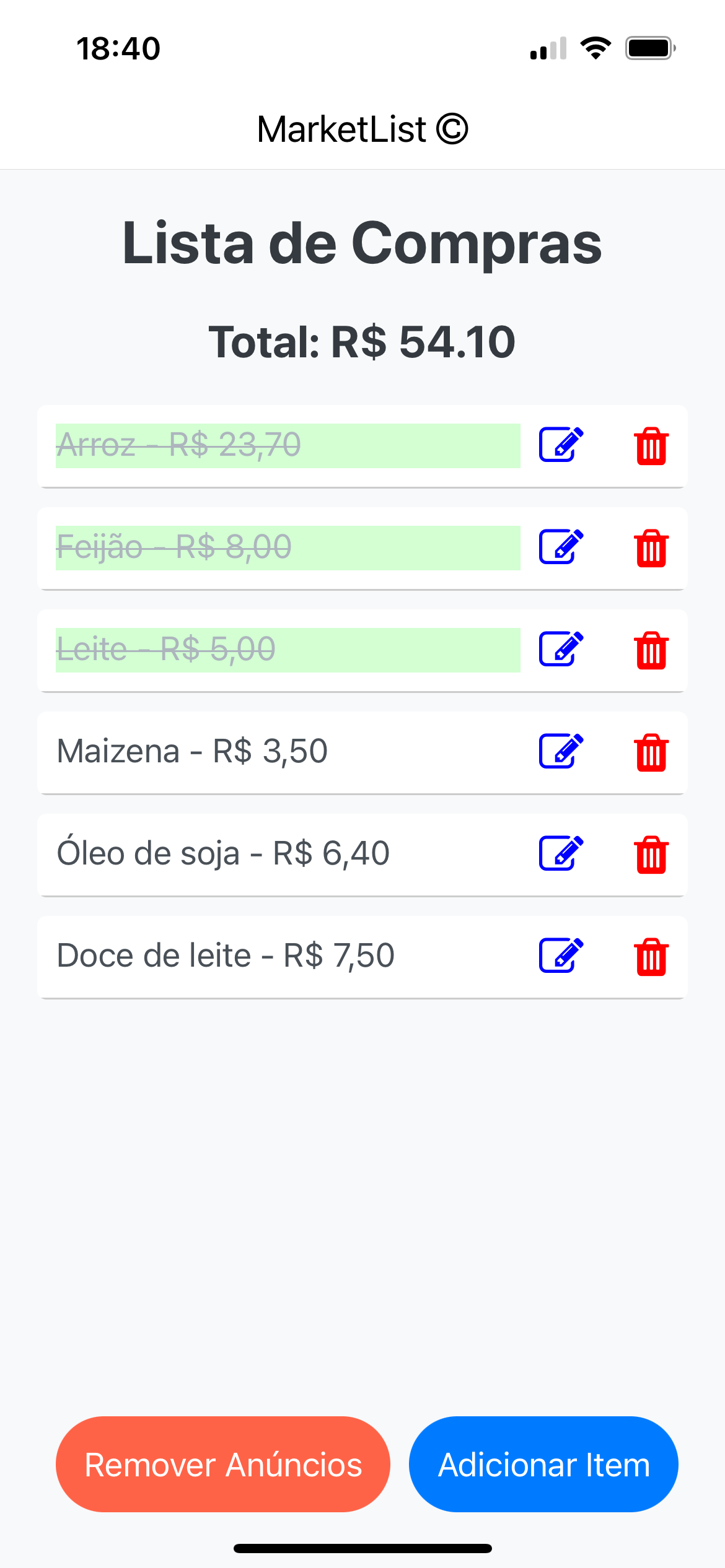 Marcar itens como comprados